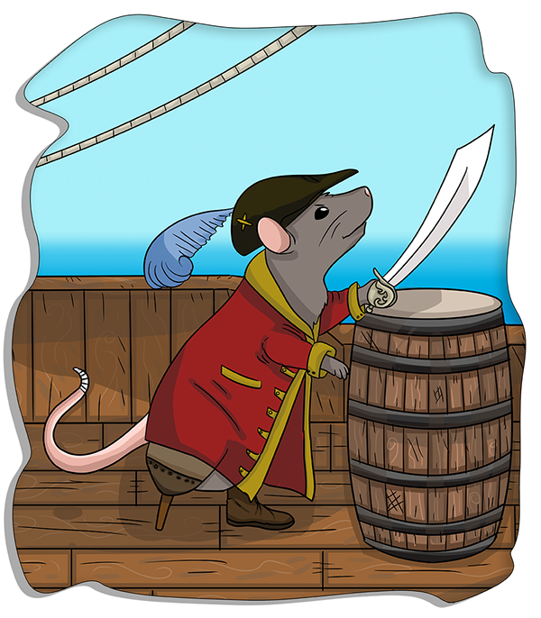 A sea rat or captain of a pirate ship with a feathered hat, long red coat and peg leg holds his sword up towards the sky over a barrel on a ship