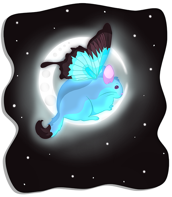 A fairy blue chinchilla sitting on the moon