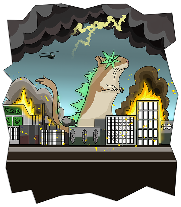 Godzilla sized Gerbil destroying the city with laser eyes
