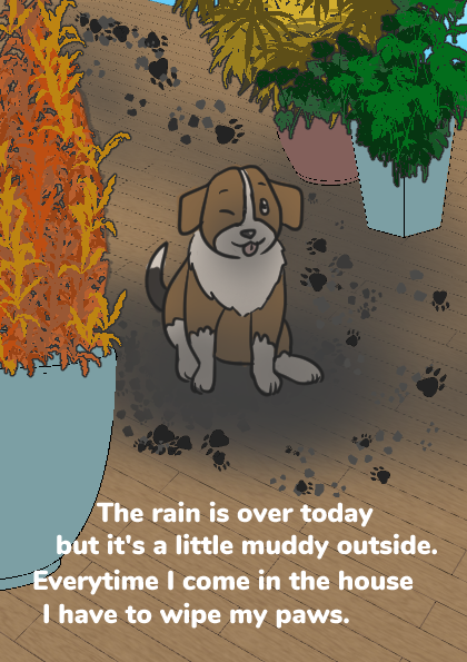 Puppy getting muddy by the house